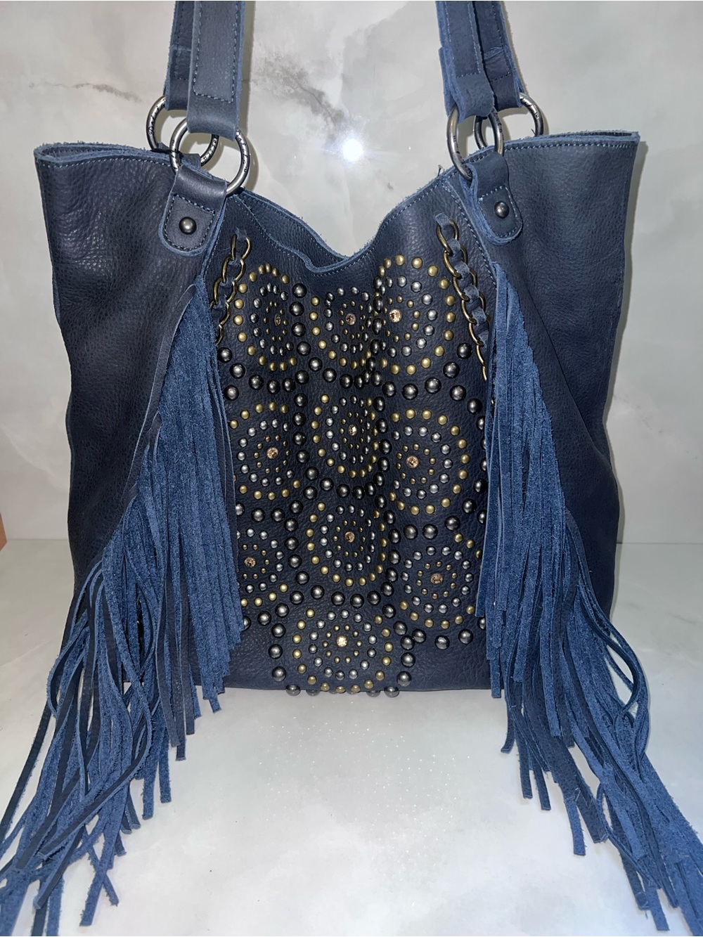 Delila Fringe Studded Leather Tote - Navy